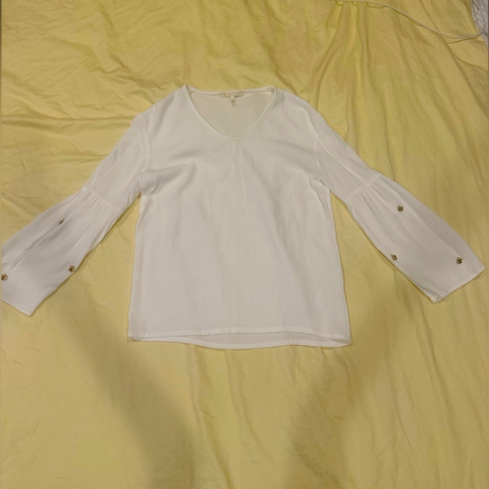 Women's White V-Neck Bell Sleeve Blouse BEE bead top